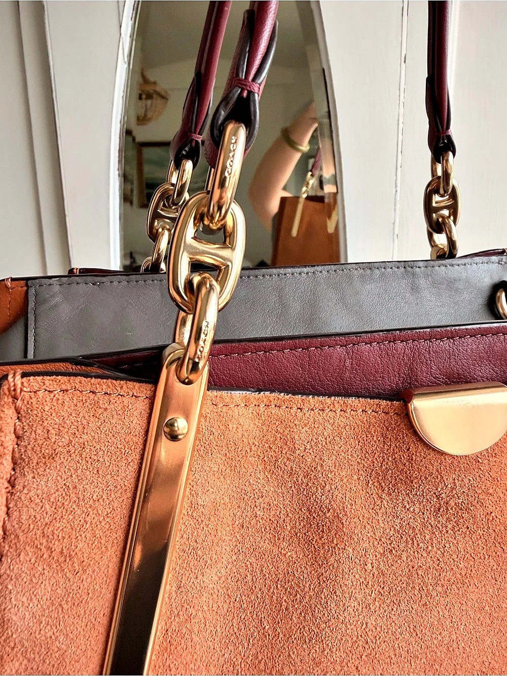 Coach Dreamer Satchel Colorblock Suede Satchel in Brown & Burgundy - Picture 2 of 11
